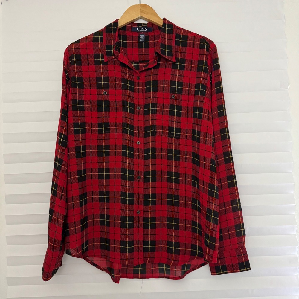 Chaps Womens XL Red Black Plaid Button Down Shirt Long Sleeve Sheer Blouse